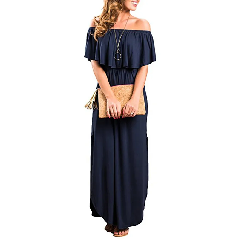 Womens Floral Off The Shoulder Dresses Summer Casual Ruffle High Waist Slit Long Maxi Dress with Pockets