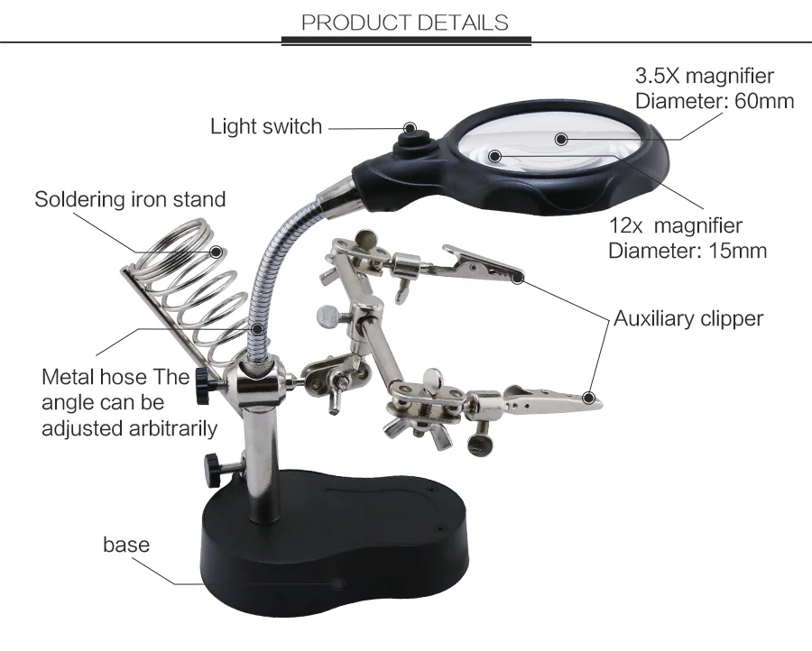 DEL Fer à souder soudage loupe Loupe Pince Crocodile Kit Stand