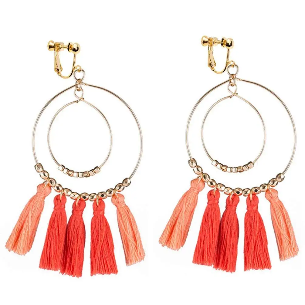 Bohemia Long Tassels Dangle Clip on Earrings Screw on backs Girls Double Circle Thread No piercing Red