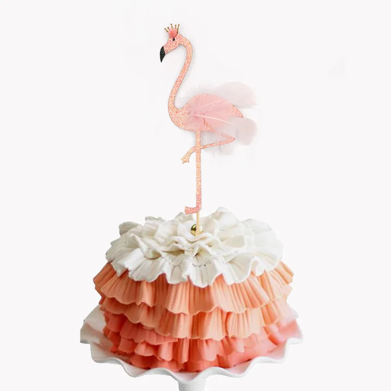 Glitter Pink Flamingos With Feather Crown Cake Topper Stick For Feather Crown Cake Topper