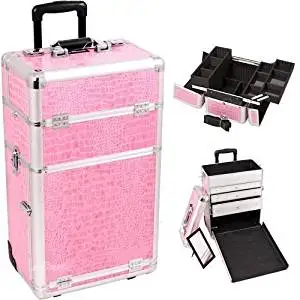 trolley wheeled rolling makeup professional case artist drawers crocodile organizer cosmetics faux inch pink trays accordion mygift tray aluminum slide