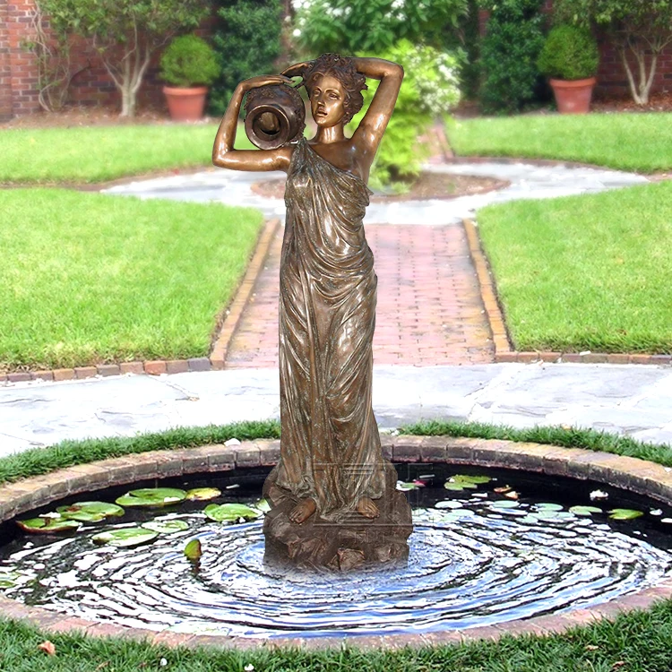 Metal lady female sculpture bronze woman pot pouring water fountain statue.