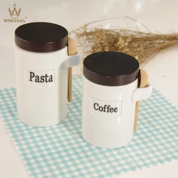 Porcelain Coffee Sugar Pasta Canister With Wood Spoon Porcelain Coffee Sugar Pasta Canister With Wood Spoon