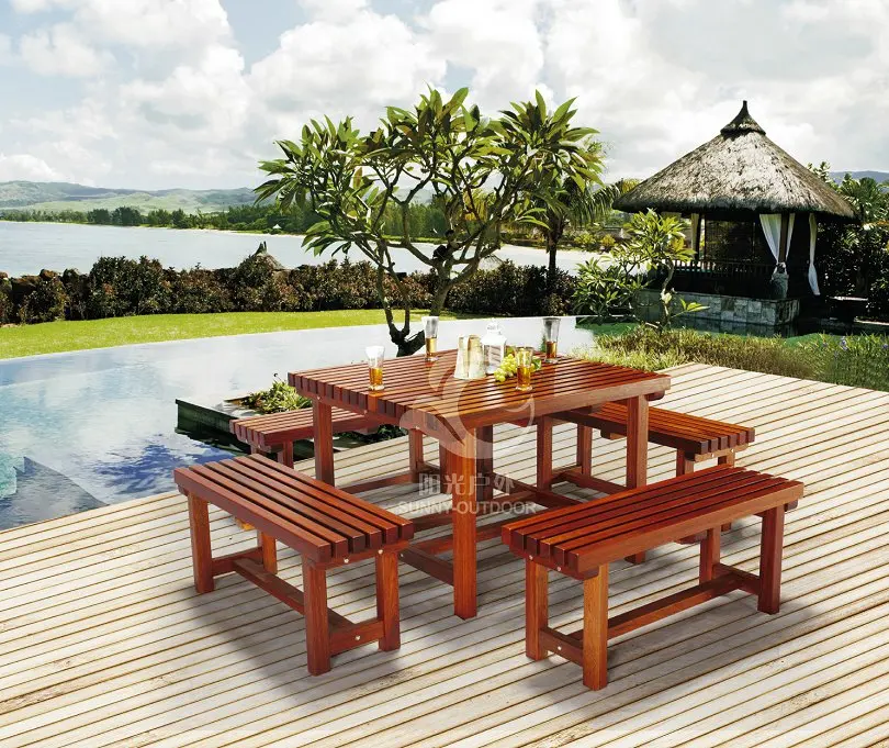 Teak wood beer garden table and bench with parosol outdoor furniture garden set