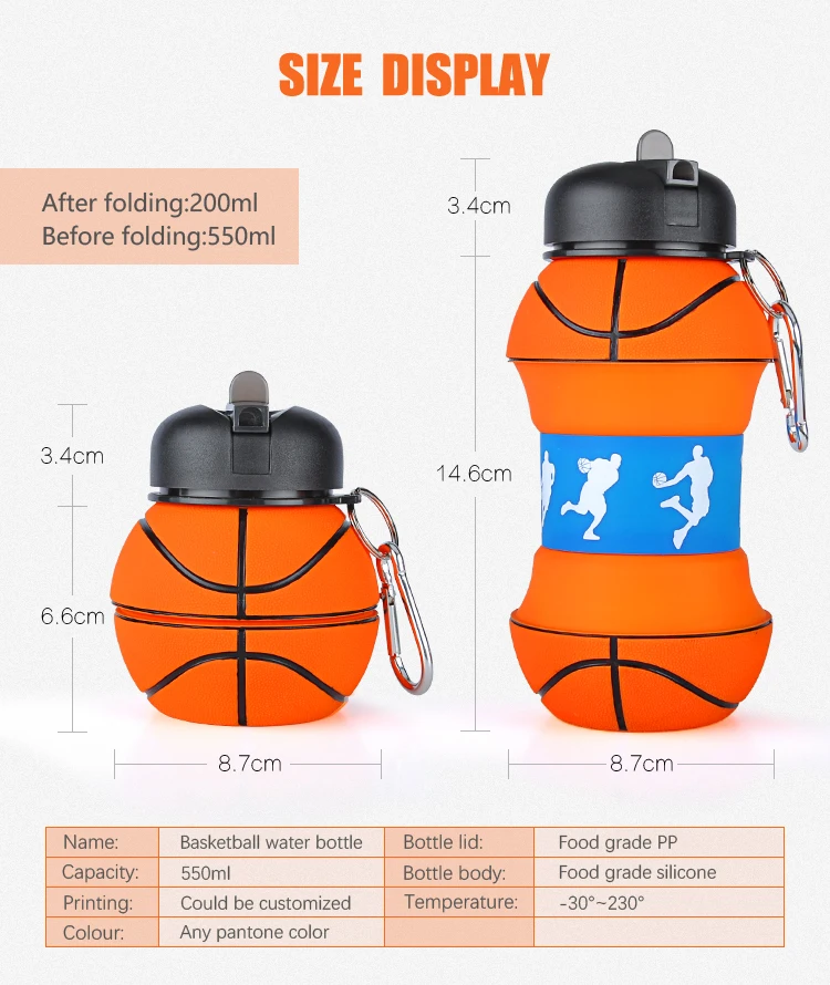 Basketball Shaped Bpa Free Silicone Foldable Children School Water Bottle Kids