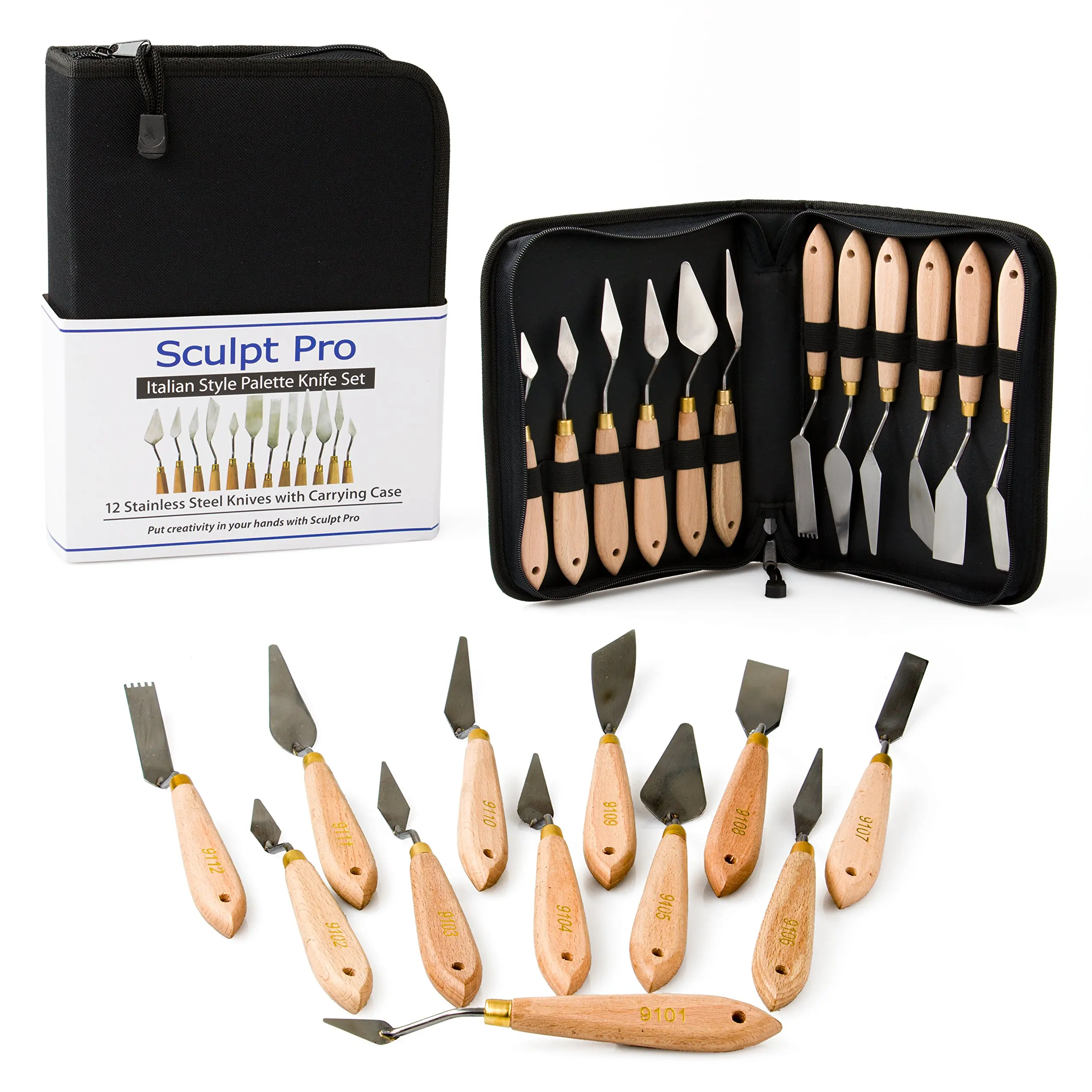 Sculpt Pro Palette Painting Knife Set- 12 Stainless Steel Art Palette Knives Carrying Case