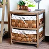 Brown 2-Layer Wooden End Table Bedside Storage Night Stand Wicker Rattan Baskets