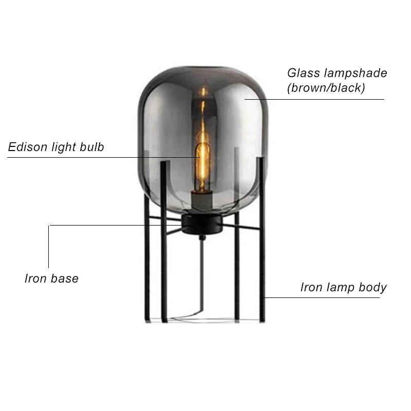 Interior decorative light glass ball shape black grey quadripod glass table lamp/ standing table lamp