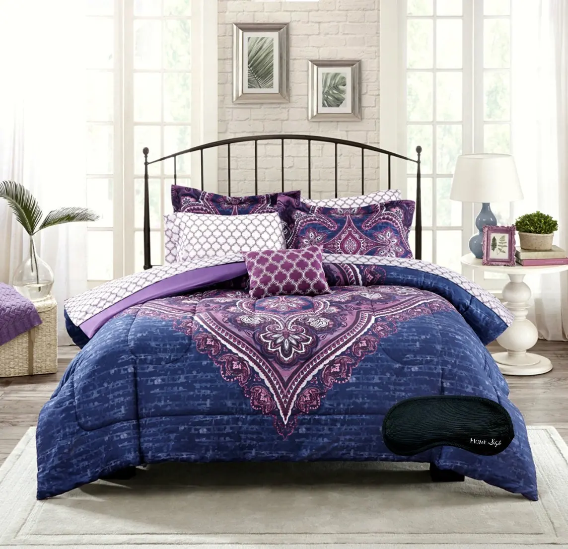 New! Boho Chic Paisley Medallion Damask Blue Purple Twin / Twin XL Teen Girls Comforter, Shams, Sheet Set, Toss Pillow +BONUS Home Style Sleep Mask! (7 Pc. Bedding Bundle) (Twin/Twin XL))
