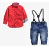 Kids Red Shirt Denim Suspenders Boy Costume Clothes Set Children Trendy Clothing