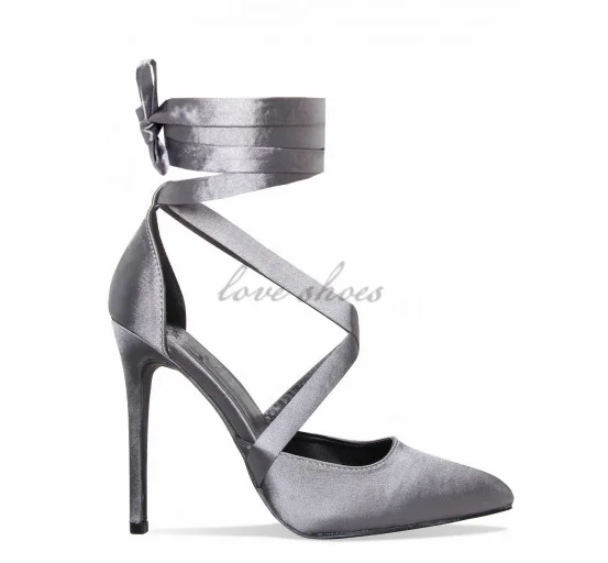 Grey Satin Lace Up Women's Court Shoes 
