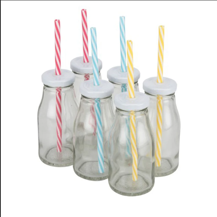 Glass Milk Bottles with Reusable Straws (9 Pack)