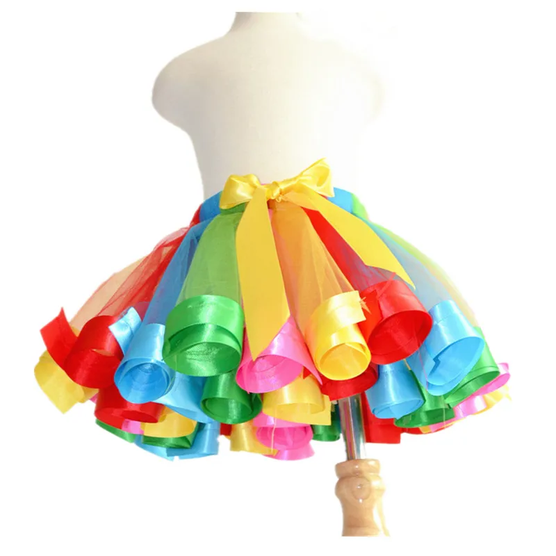 Handmade Rainbow Girls Tutu Skirt Baby Tutus Kids Tulle Skirt Ribbons Princess Dance Pettiskirt Party Wedding