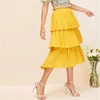Elegant Summer Beach Boho Tiered Layer Skirt Women Solid Casual Ruffle Hem Flared A Line Elastic Waist Midi Skirt HSS6656