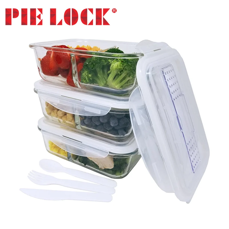 3 Compartments Glass Material Bento Lunch Box 950ml Glass Food