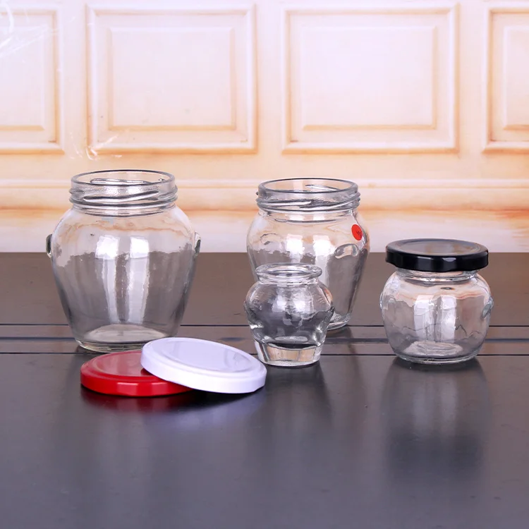 hot sell 4oz 8oz 10oz round clear glass food pickle jar with ear metal lug cap