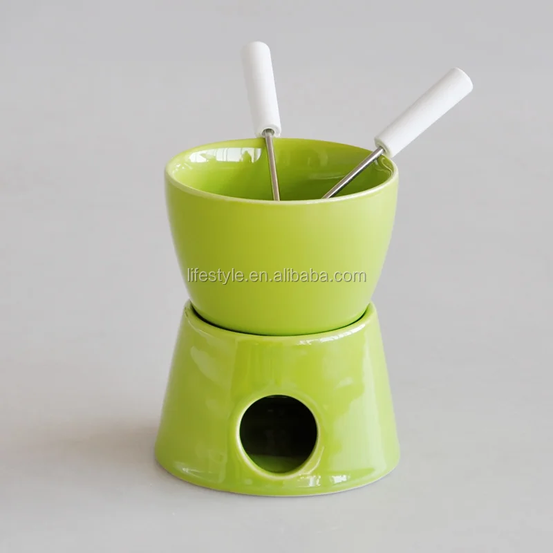 Ceramic Fondue Set With Forks And Tea Light,Solid Color Fondue Set