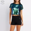 Stylish short sleeve sequin crop top t shirt for women