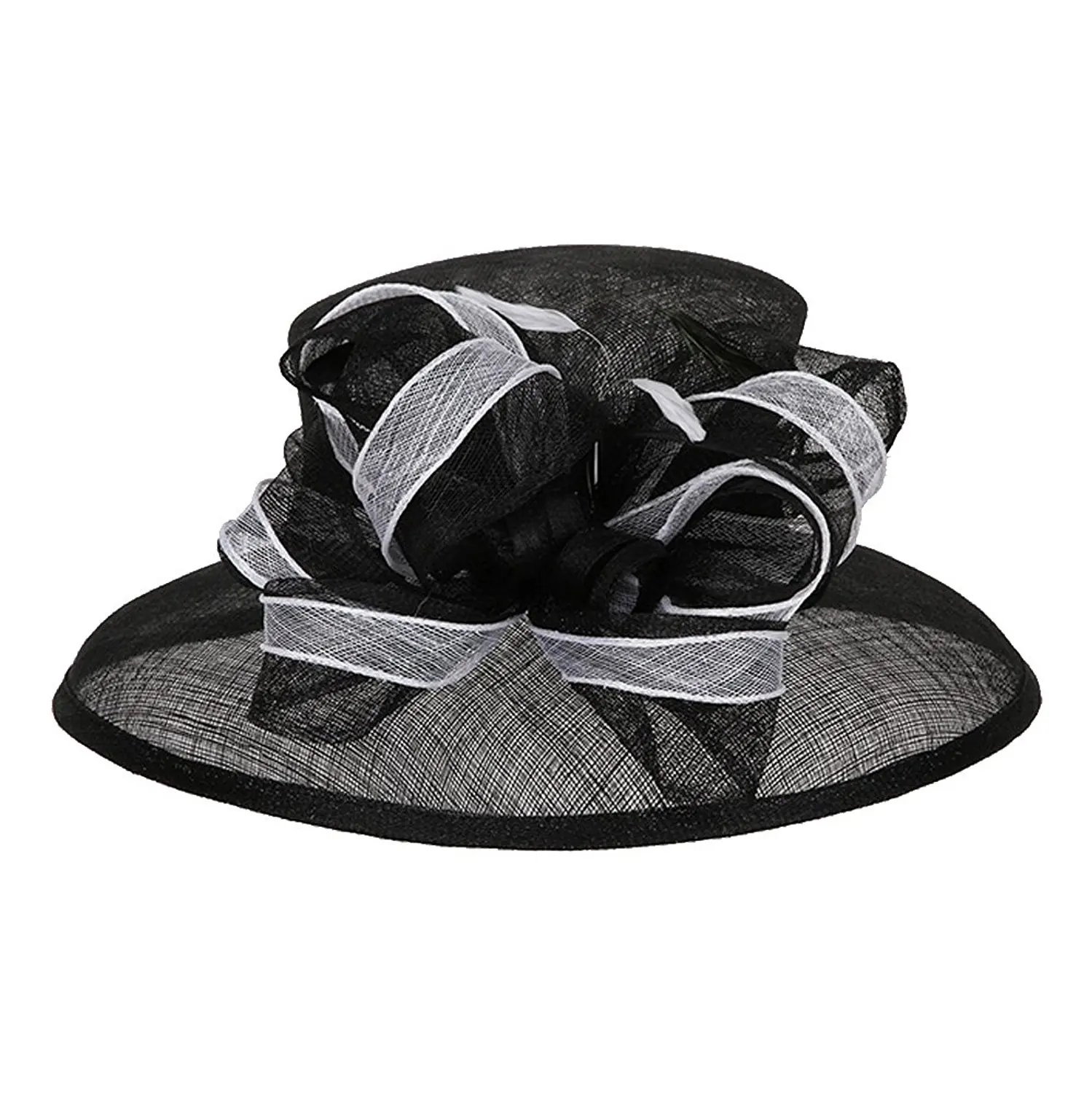 Beatnix Fashions Kentucky Derby Black Loopy Feather Down Brim Sinamay Hat
