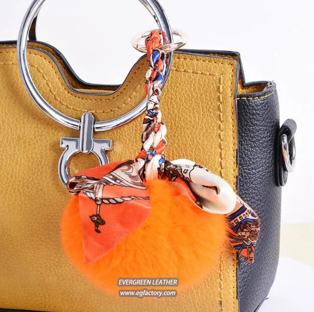 Fashionable printed women bags design fur ball with silk accessories for lady handbags FT074