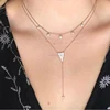 Pretty quality 925 sterling silver zircon diamond jewelry women long chain triangle shaped gold 2 layer necklace