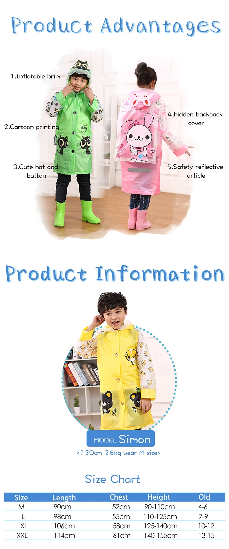 Wholesale Cute Cartoon Animal Pvc Kids Raincoat With Backpack Bag