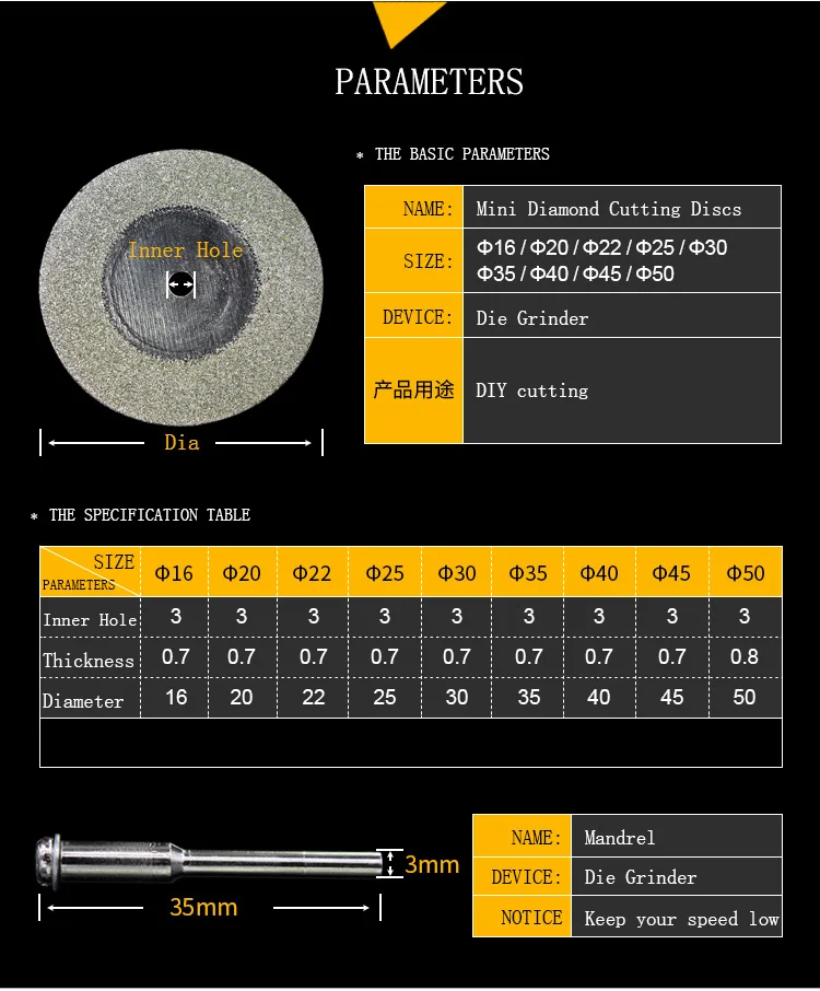 Diamond Cutting Wheel 10pcs with Mandrel (3mm) 2pcs For Dremel Rotary Tool