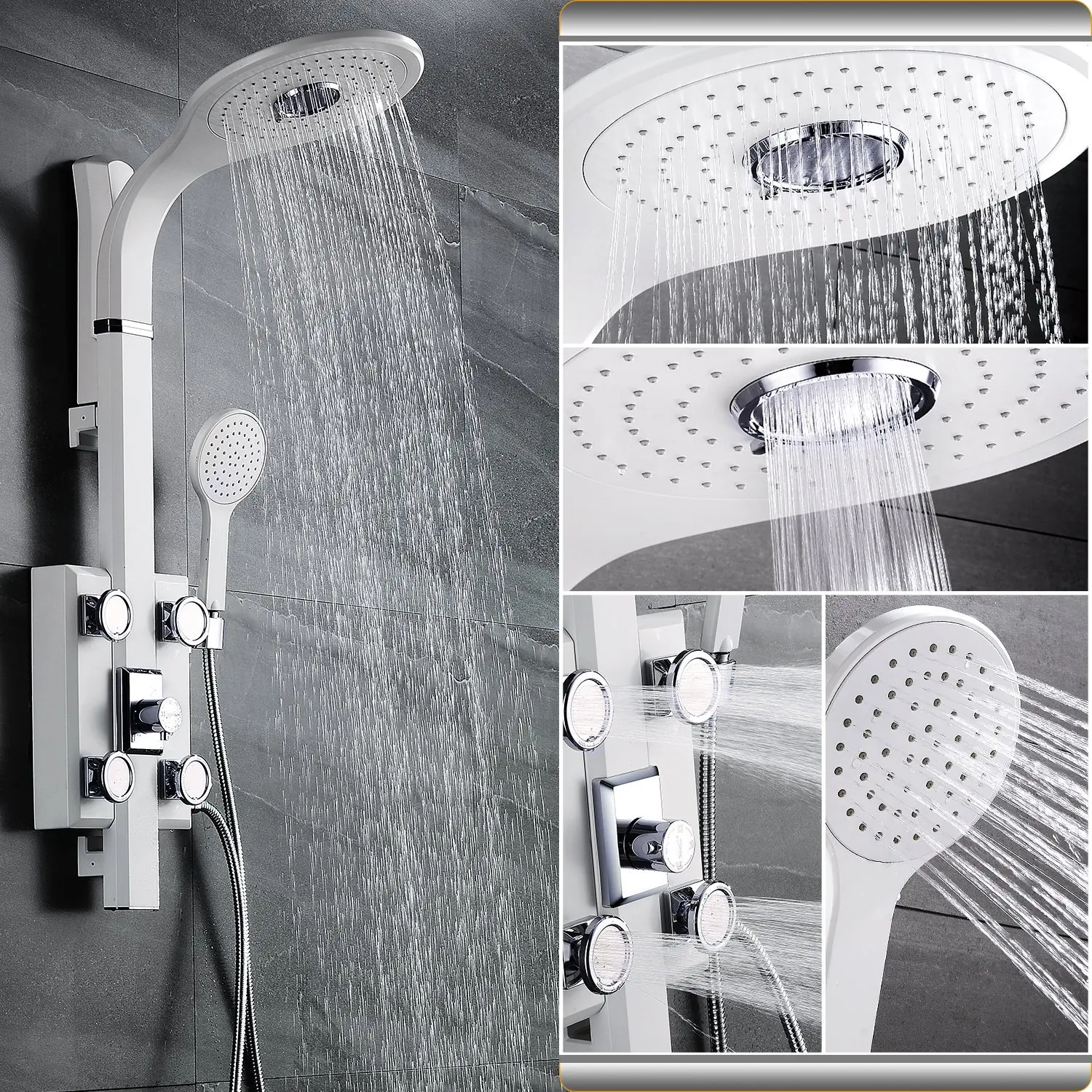 SR SUN RISE 38 Four Function Shower Panel with Rain Shower,High Pressure Rain Shower,Handheld Shower and Four Massage Jet,Aluminum-Magnesium Alloy High Temperature Taking Process Black Without Faucet