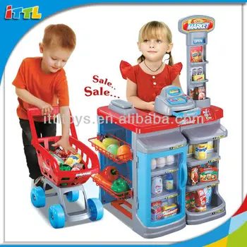 Kids Supermarket Shopping Car Toy And Cashier Desk