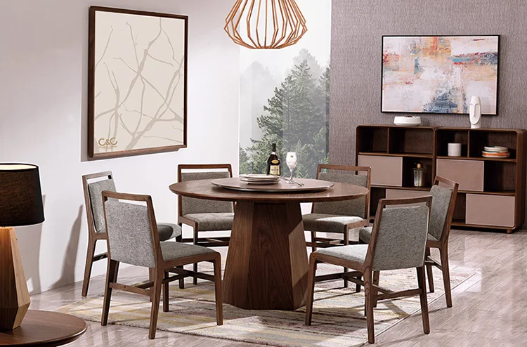 Hot sale wood round dining table set 6 chairs house dining room restaurant furniture sets