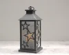PLASTIC GRAY LANTERN WITH STAR PATTERN AND SILVER METALLIC GLASS, LED CANDLE INSIDE, BATTERY OPERATED