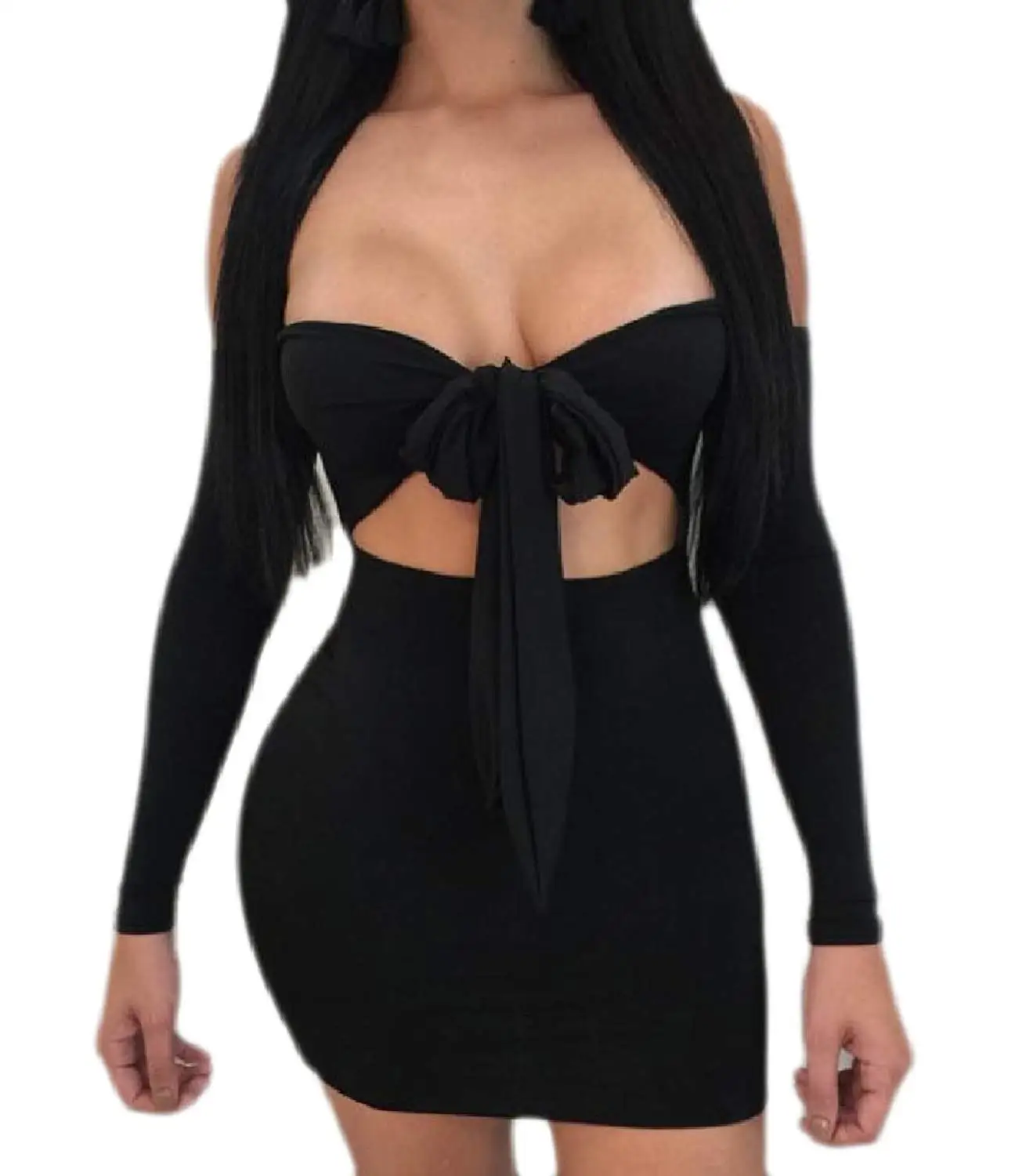 Zimaes-Women Tube Bowknot Lace up Detail Sexy Cut Out Off Shoulder Trim-Fit Dresses