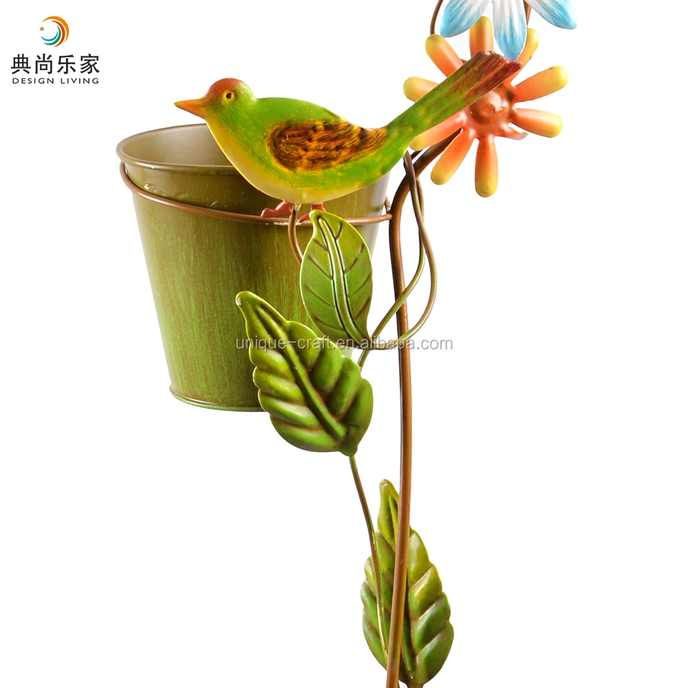 Spring Garden Stake with Decorative Bird and Metal Plant Flower Pots Planters