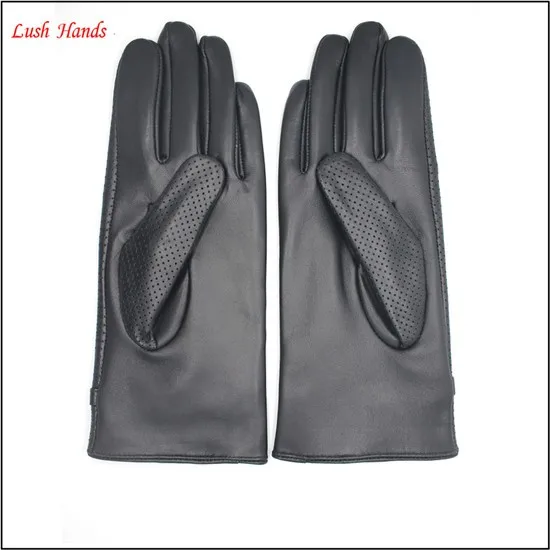 women genuine leather hand gloves black with belt