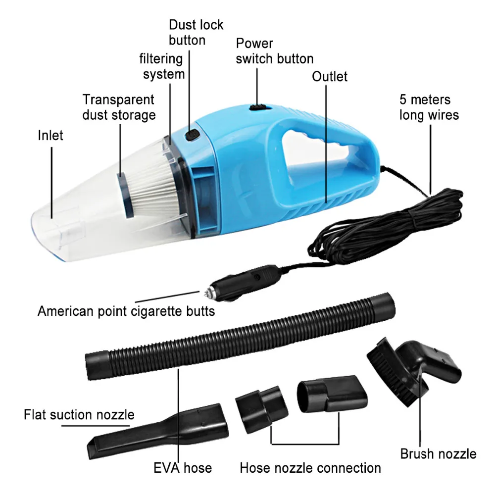 Portable Car Vacuum Vleaner Wet and Dry Dual Use With Power 120W 12V 5 Meters Cable, Super Absorb