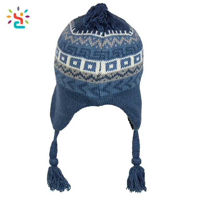 ski beanie earflap hat knit tassel jacquard earflaps pattern acrylic winter