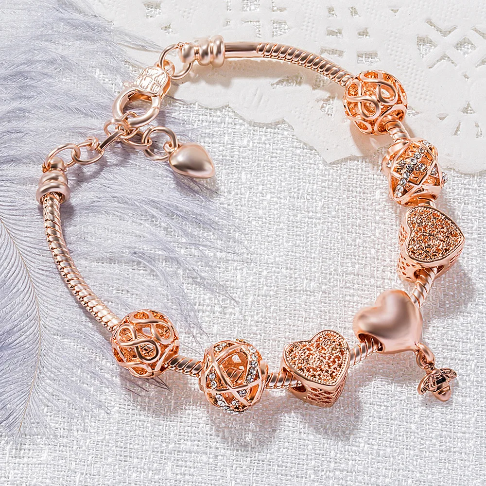 European Popular Fashion Rose Gold Charm Bracelet Diy Hollow Out Heart