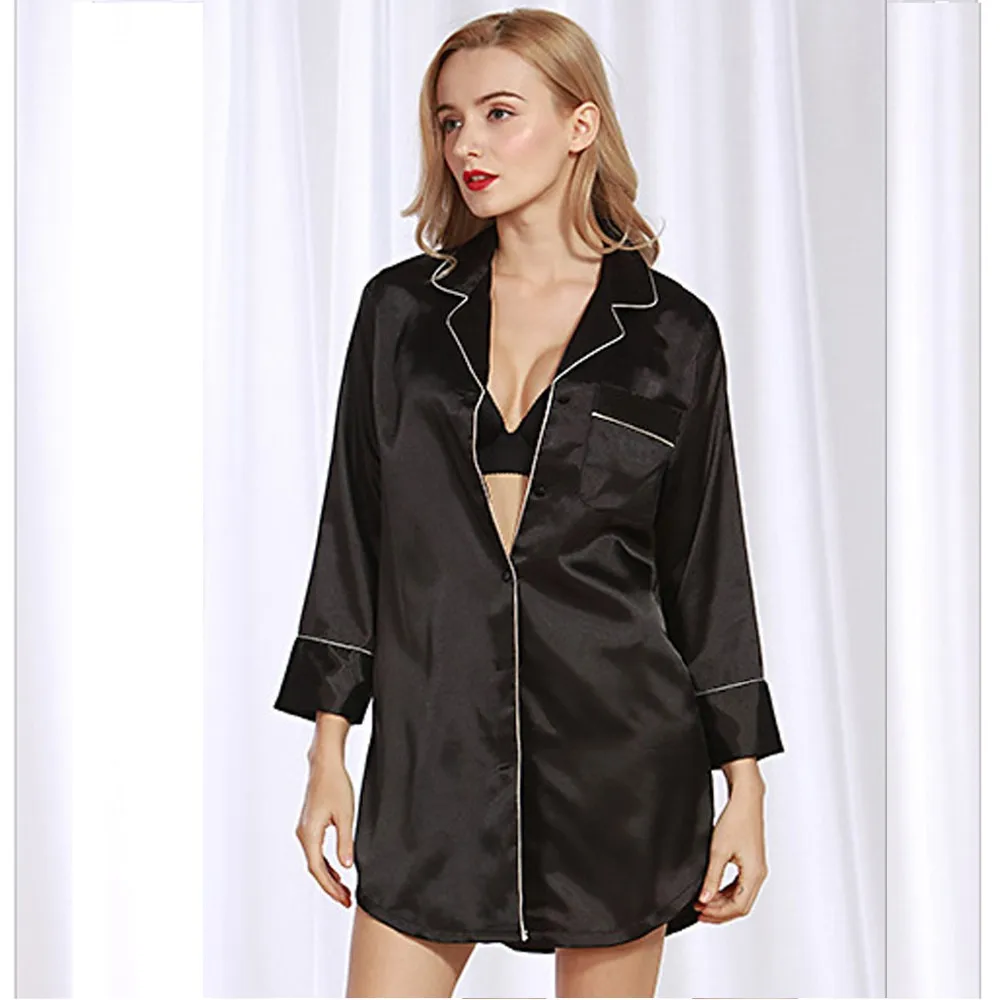 Sexy Women's Summer Casual Peacock Print Satin Sleepshirt Nightgown