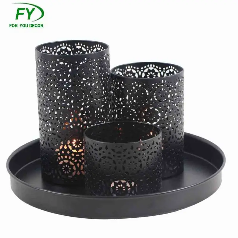 Set Of 3 Plate Black Tealight Wedding Hurricane Metal Decorative