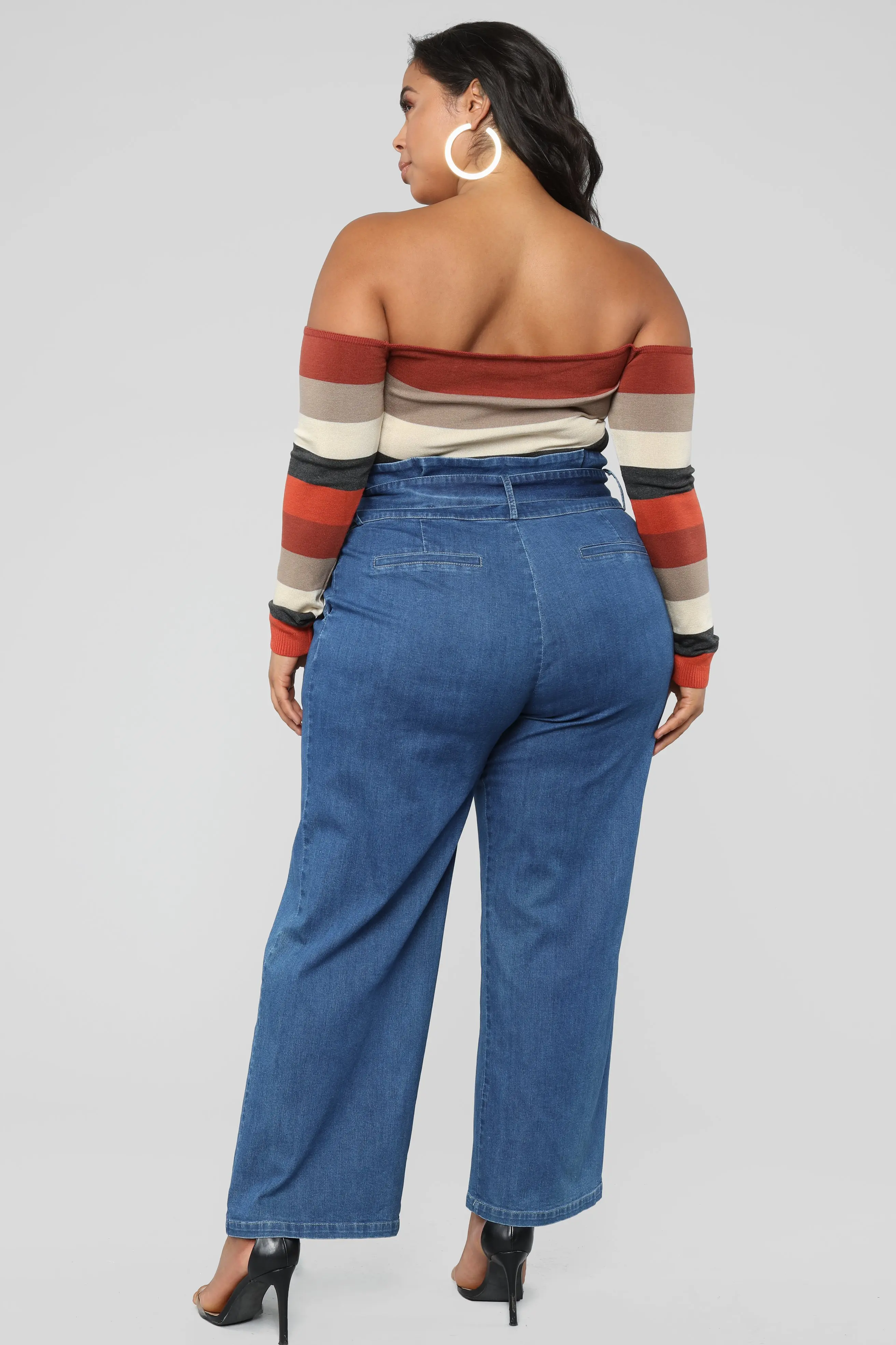 Casual Paperbag Waist With Belt Blue Denim European Style Wide Leg Jeans for Women