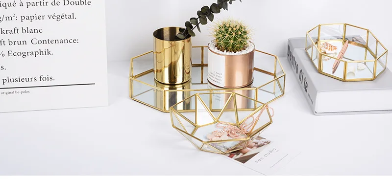 metal Storage Tray Golden Polygon Glass Makeup Organizer Tray Dessert Snack Plate Jewelry Display Stand Home Kitchen Decor