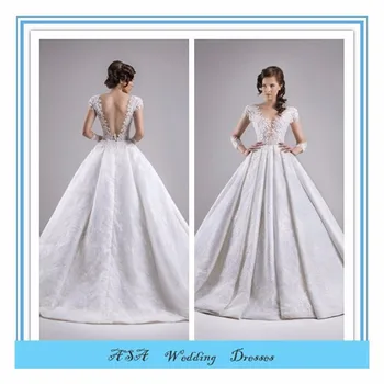 Sexy V Neck Cap Sleeve Open Back Bridal Gown Satin Puffy Dress