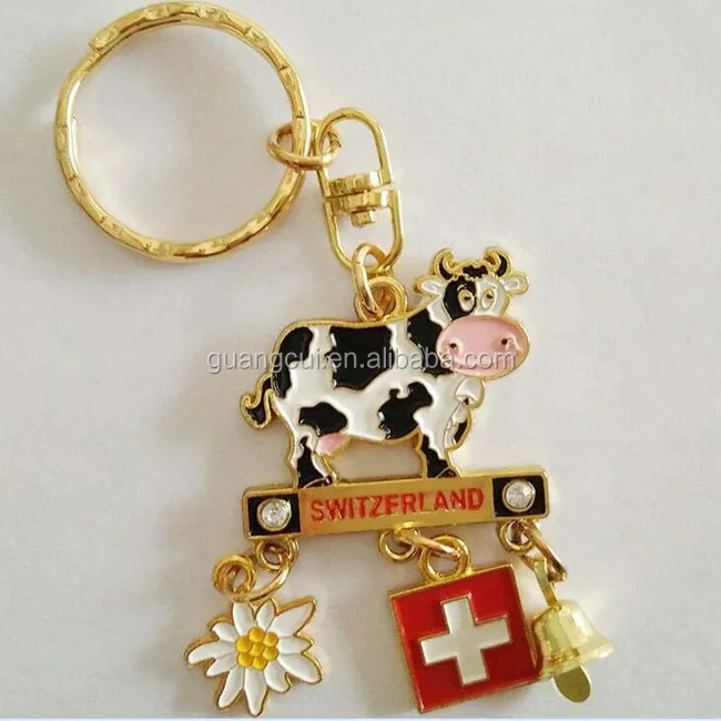 Switzerland Tourism Souvenir Zinc Alloy Enamel Cow Flower Bell Key