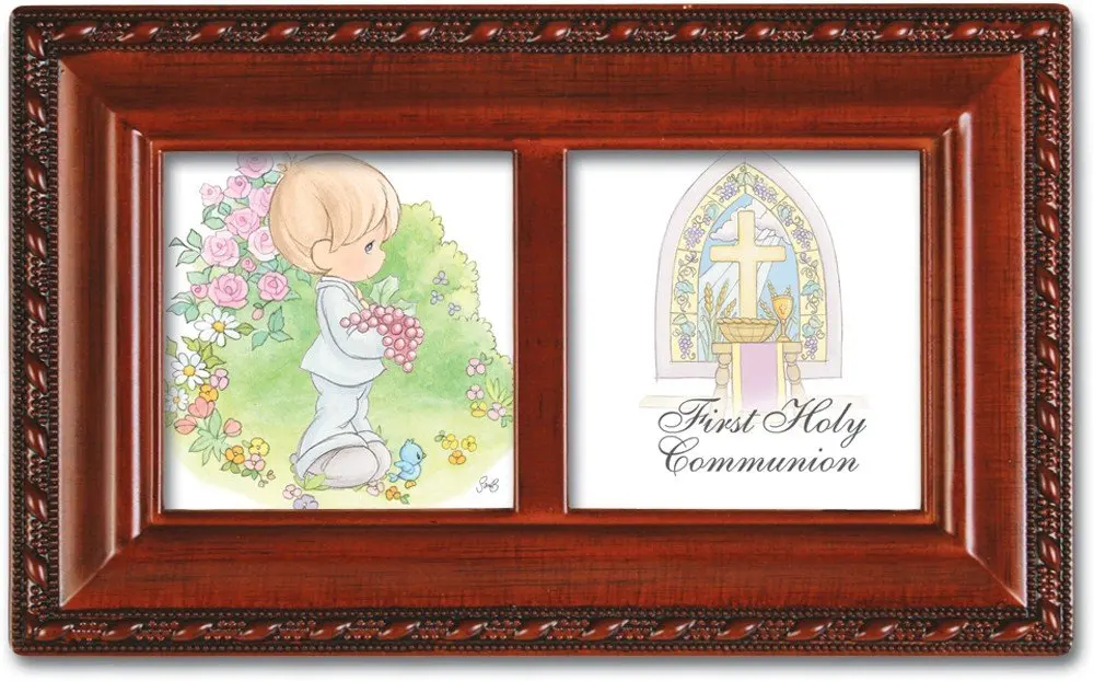 Precious Moments 1st Communion Boy Woodgrain Music Box Plays Jesus Loves Me