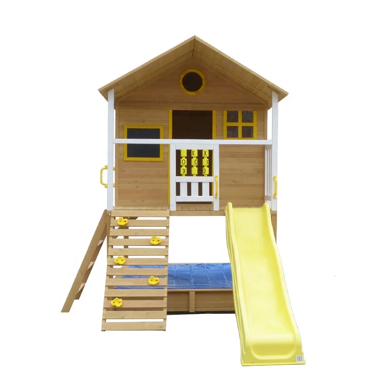 wooden playhouse with slide and sandpit