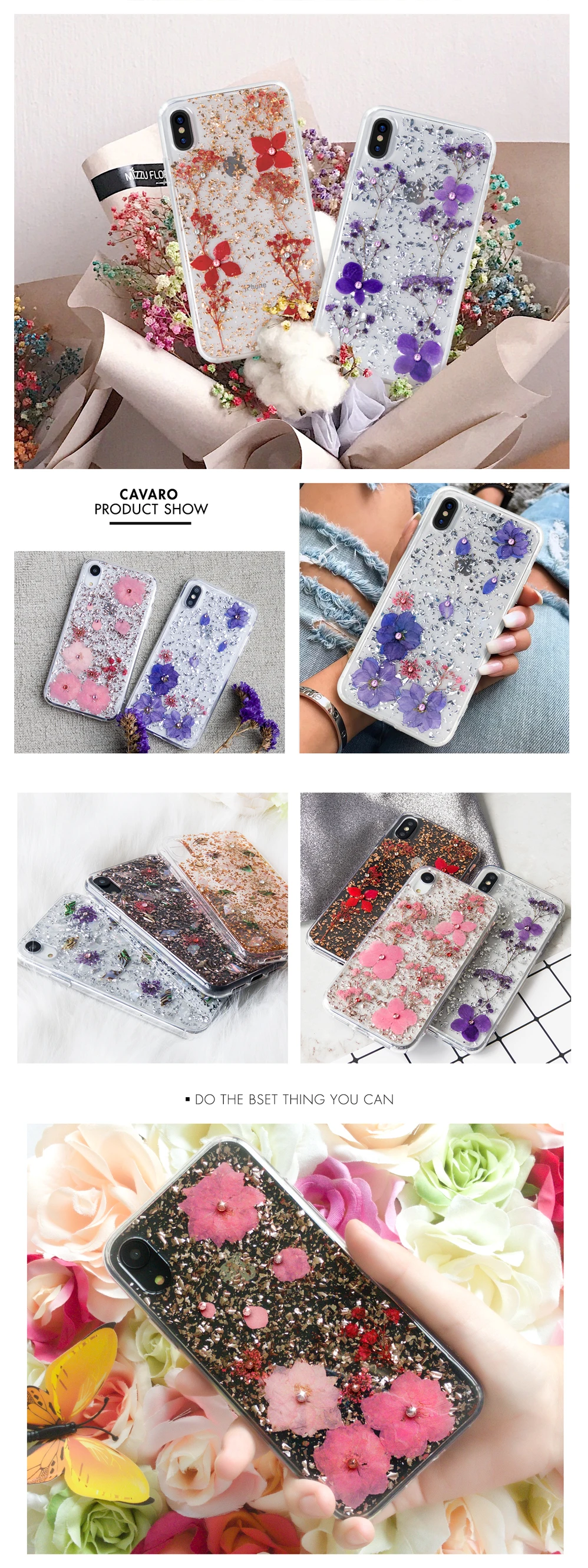 Kavaro Swarovski Crystals Luxury Bling Glitter Real Flower Cell Phone Mobile Cover Hard Phone Case for iPhone X/XS/XR/XS Max