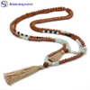 Natural Turquoise Double Wrap Round Bead Long Necklace With Ruby Color