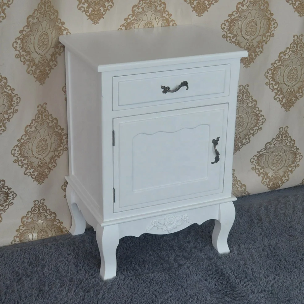 Antique Home Furniture White Wooden Tall Nightstand Bedside Table
