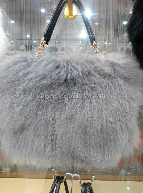 Wholesale Fashion Women Sheep Fur Tote Bags / Genuine White Lamb Fur Handbag