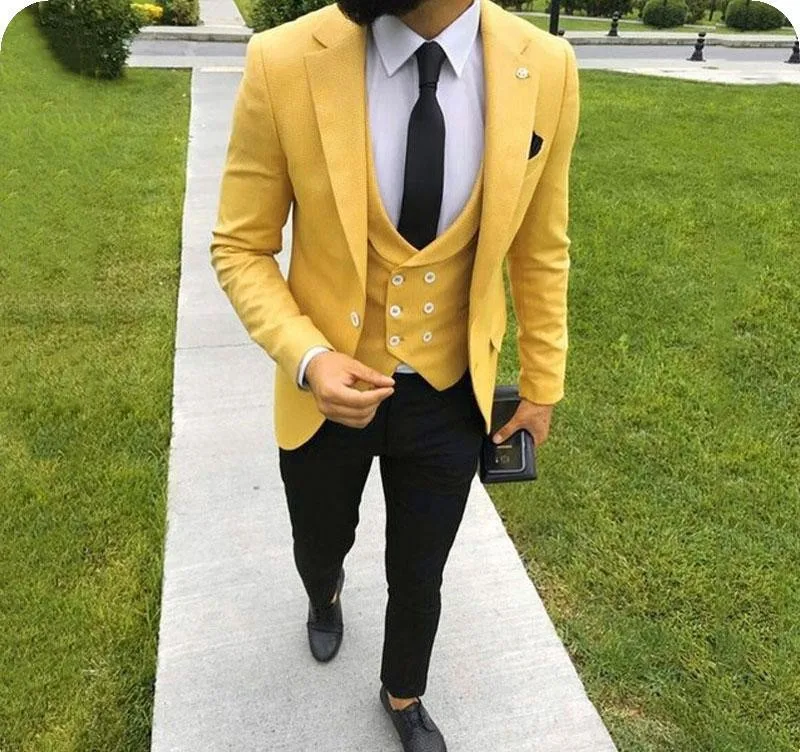 Custom Made Yellow Men Suits For Wedding Notched Lapel Slim Fit Groom